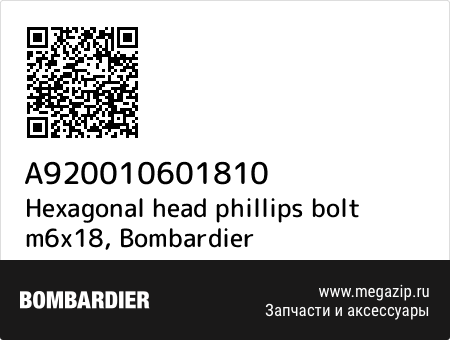 Hexagonal head phillips bolt m6x18, Bombardier A920010601810 запчасти oem Hexagonal head phillips bolt m6x18, Bombardier A920010601810 запчасти oem