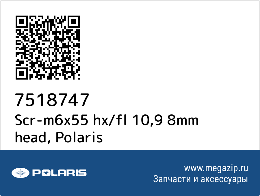 

Scr-m6x55 hx/fl 10,9 8mm head Polaris 7518747